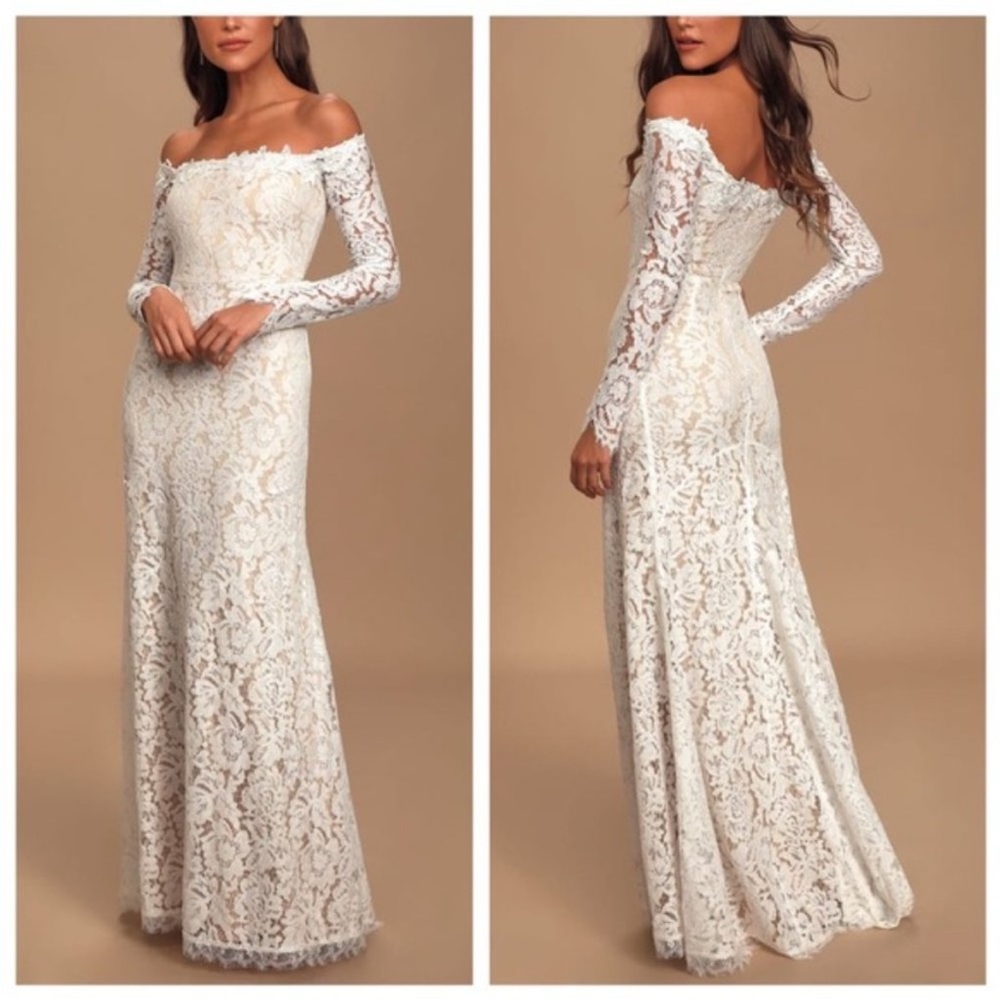 Lulus Romance Dreamer white off shoulder lace long sleeve maxi wedding dress